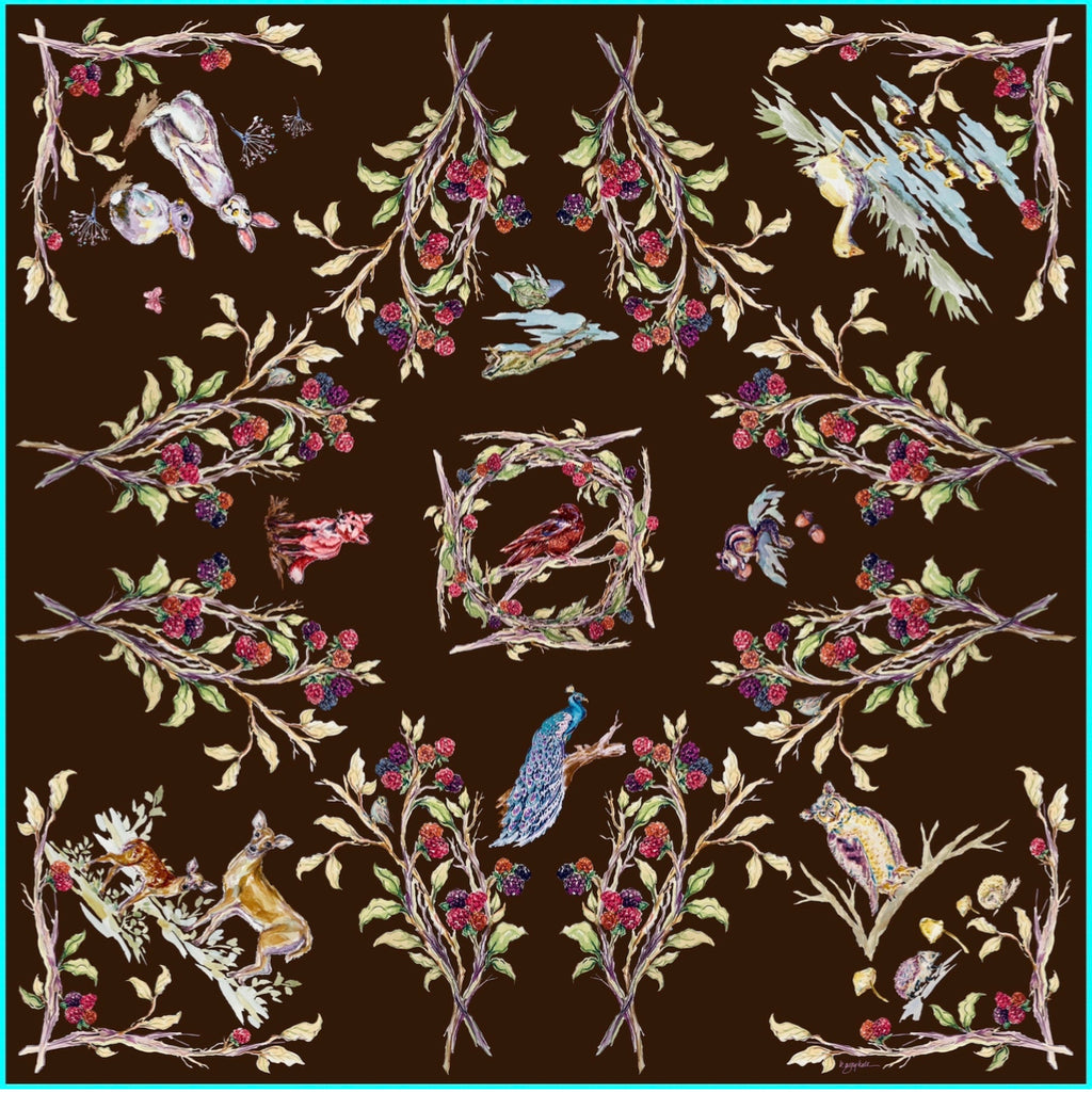Woodland Creatures - Chocolate - 100% Silk Twill Scarf