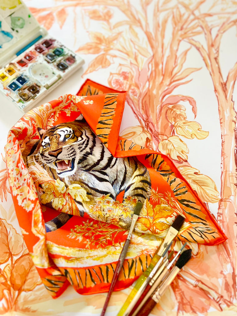 Bengal Tiger - John Ruthven Collaboration - 100% Silk Twill Scarf and Pocket Square