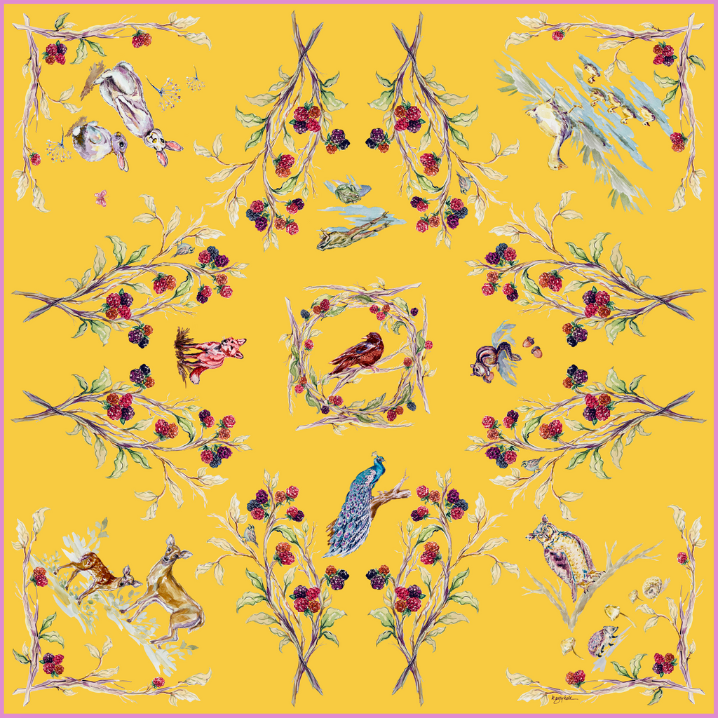 Woodland Creatures - Buttercup Yellow - 100% Silk Twill Scarf