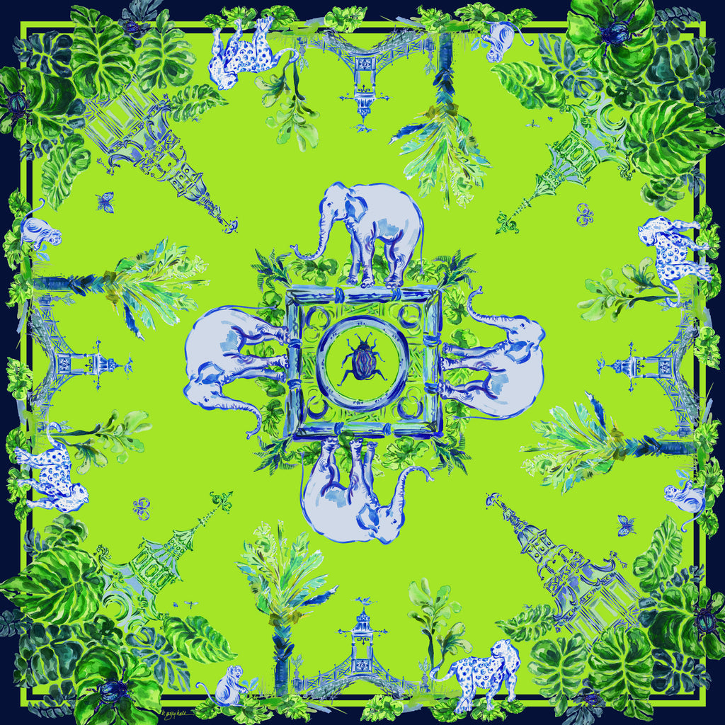 Apple Green Elephant Walk - Chinoiserie in the Jungle 100% Silk Twill Scarf