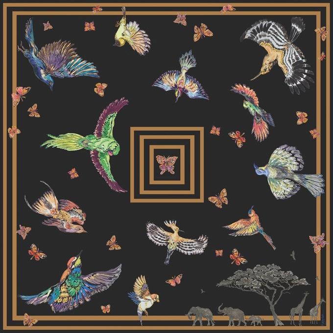 Black as Midnight - African Birds - 100% Silk Twill Scarf