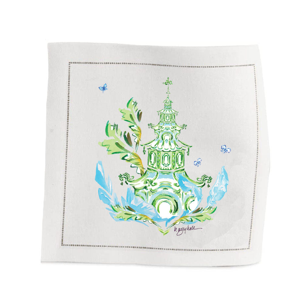 Blue & Green Pagoda Cocktail Napkins - 100% Cotton