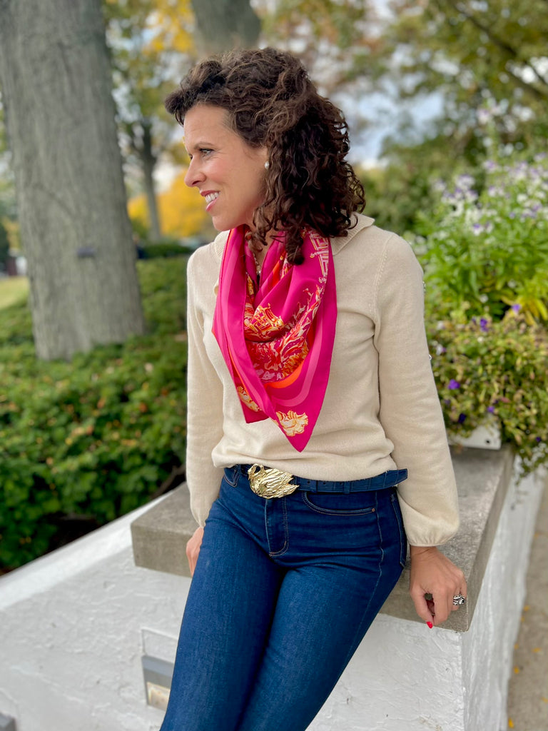 Raspberry Pagoda - Chinoiserie in the Sea 100% Silk Twill Scarf