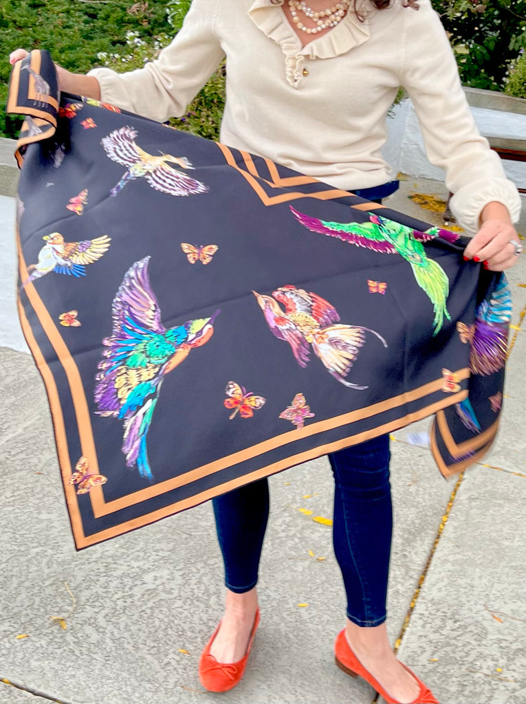 Black as Midnight - African Birds - 100% Silk Twill Scarf
