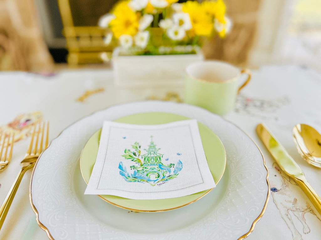 Blue & Green Pagoda Cocktail Napkins - 100% Cotton
