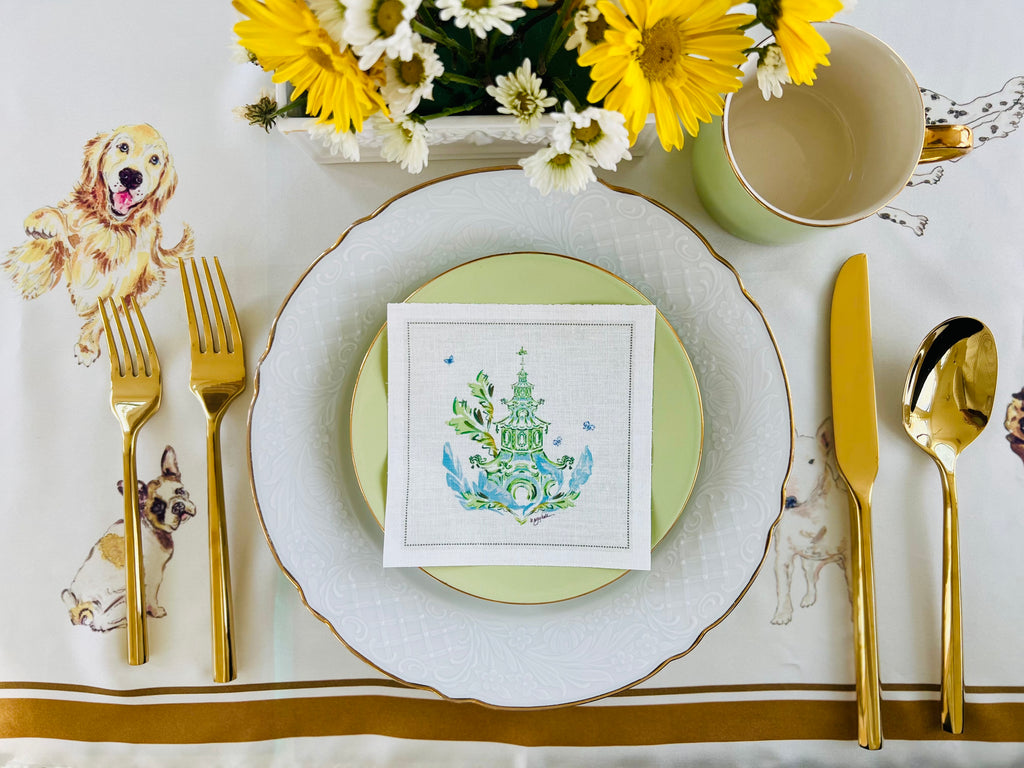Blue & Green Pagoda Cocktail Napkins - 100% Cotton