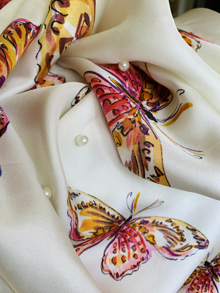Pearls & Butterfly Bliss - 100% Silk Twill Scarf