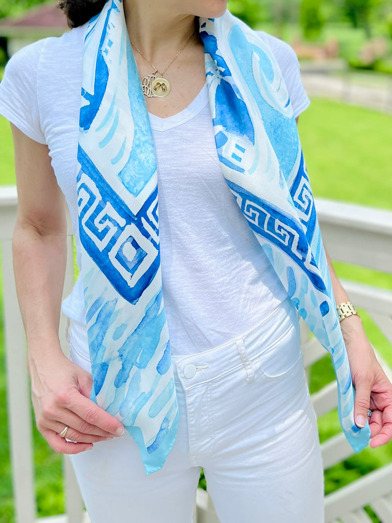 Greek Isles - Mediterranean Blues 100% Silk Twill Scarf