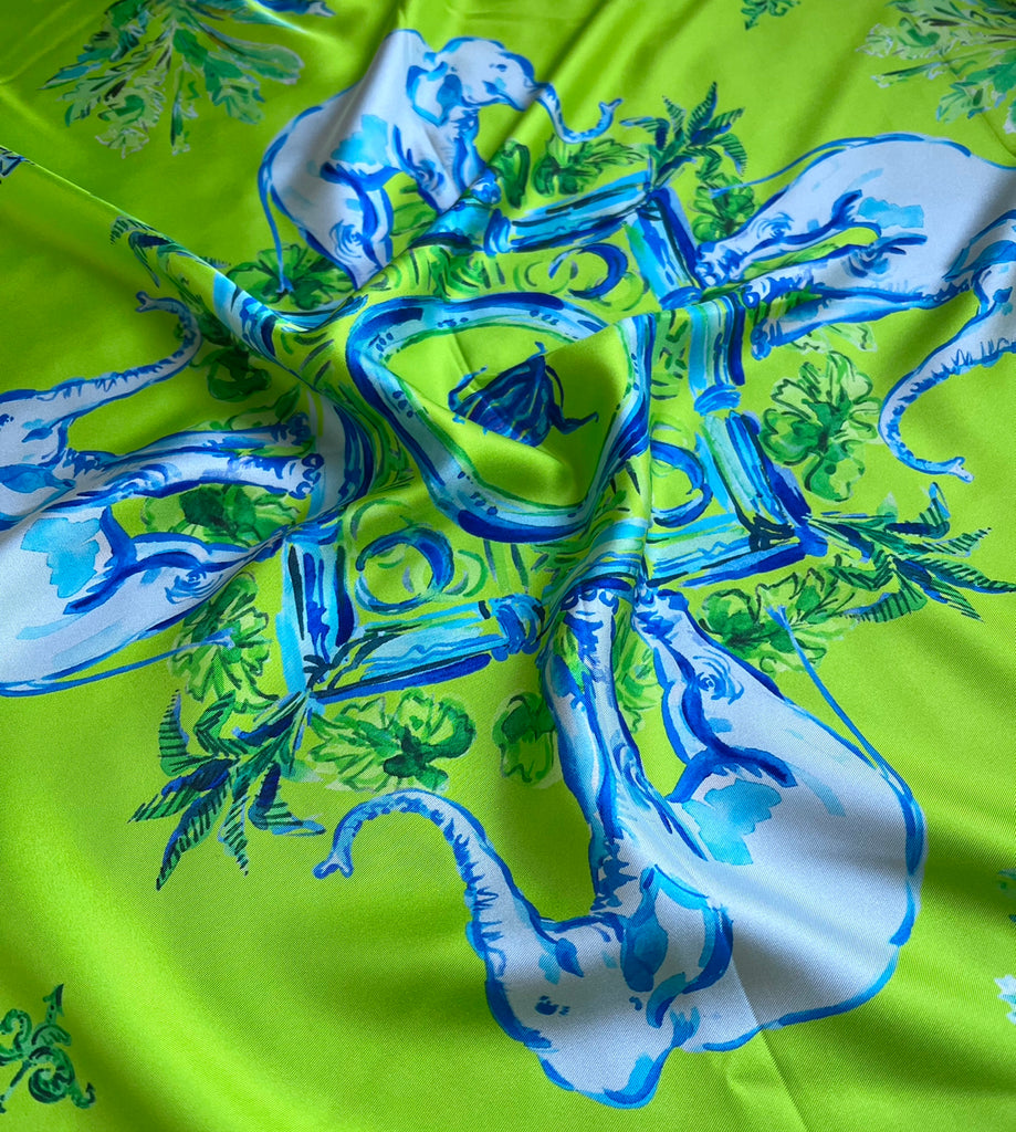 Apple Green Elephant Walk - Chinoiserie in the Jungle 100% Silk Twill Scarf