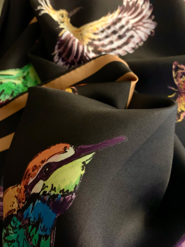 Black as Midnight - African Birds - 100% Silk Twill Scarf