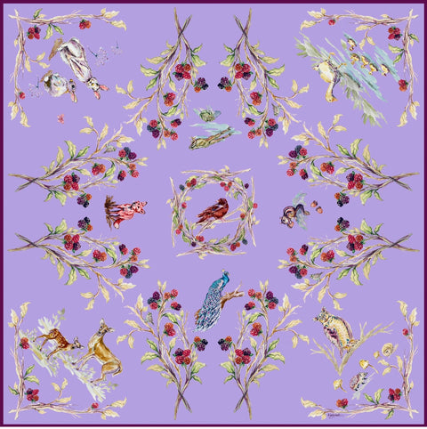 Woodland Creatures - Lavender - 100% Silk Twill Scarf