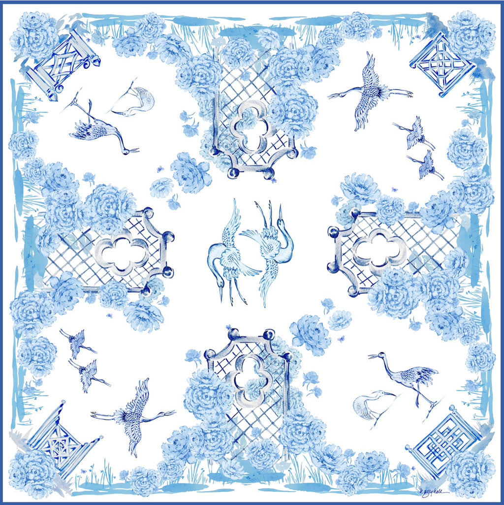 Crane Lagoon - Blue & White - 100% Silk Twill Scarf