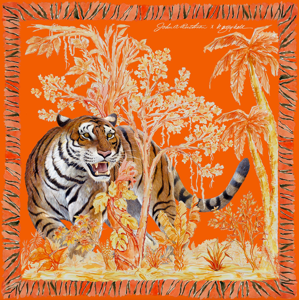 Bengal Tiger - John Ruthven Collaboration - 100% Silk Twill Scarf and  Pocket Square - Grey Hall Design