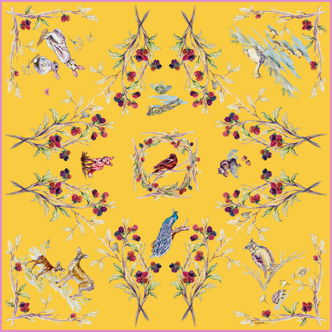 Woodland Creatures - Buttercup Yellow - 100% Silk Twill Scarf
