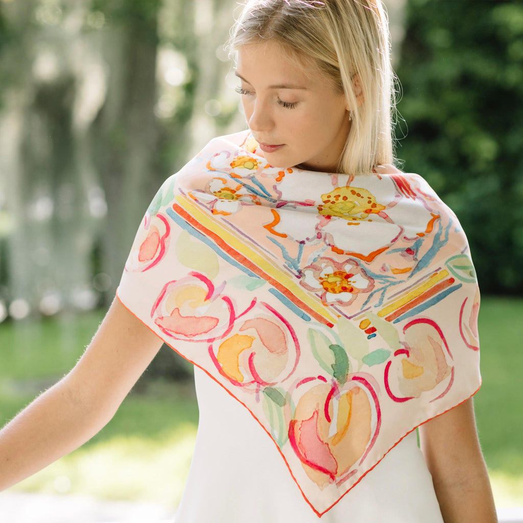 Peach Floral Silk Satin Long Scarf - Elizabetta