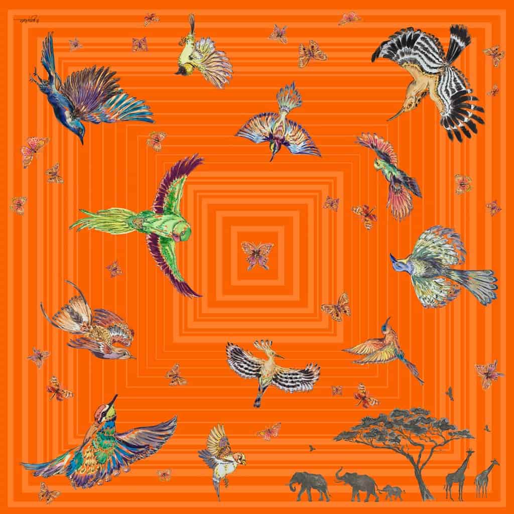 Orange Safari Sunset African Birds 100% Silk Twill Scarf