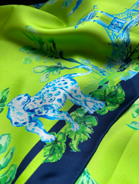 Apple Green Elephant Walk - Chinoiserie in the Jungle 100% Silk Twill Scarf